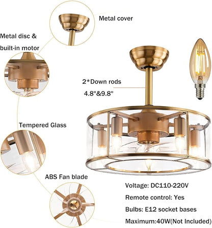 OUKANING Caged Fandelier Ceiling Fan with Light, Golden Ceiling Fans with Remote Control & Noiseless 35db - Farmhouse Rustic Bladeless Ceiling Fans Chandelier Retro Lighting Fixture (glass)