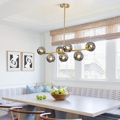 KCO Lighting Mid Century Modern Globe Sputnik Chandelier Gold Brass Linear Pendant Hanging Light Fixture 7-Light Smoke Glass Sphere Chandelier Kitchen Island Dining Room Chandelier