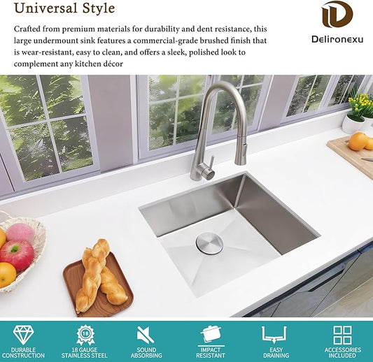16 Inch Bar Sink Undermount – Delironexu 18 Gauge Stainless Steel Small Kitchen Sink, 16"x16"x8" Square Small Bar sink, Single Bowl Wet bar Sinks with Brushed Finish for Outdoor, RV, and Prep Use