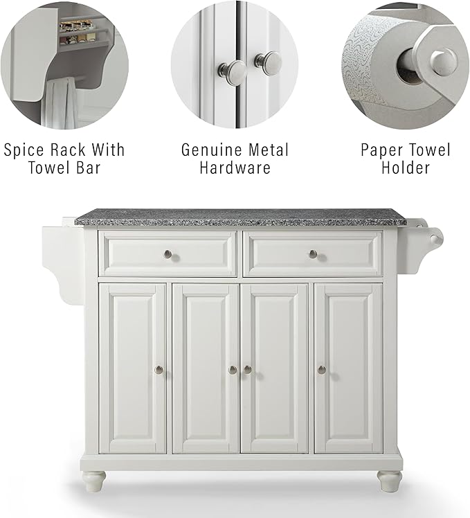 Crosley Furniture Cambridge Granite Top Rolling Kitchen Island Storage Cart, Microwave Stand, Spice Rack, White