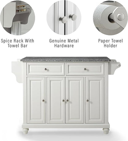 Crosley Furniture Cambridge Granite Top Rolling Kitchen Island Storage Cart, Microwave Stand, Spice Rack, White