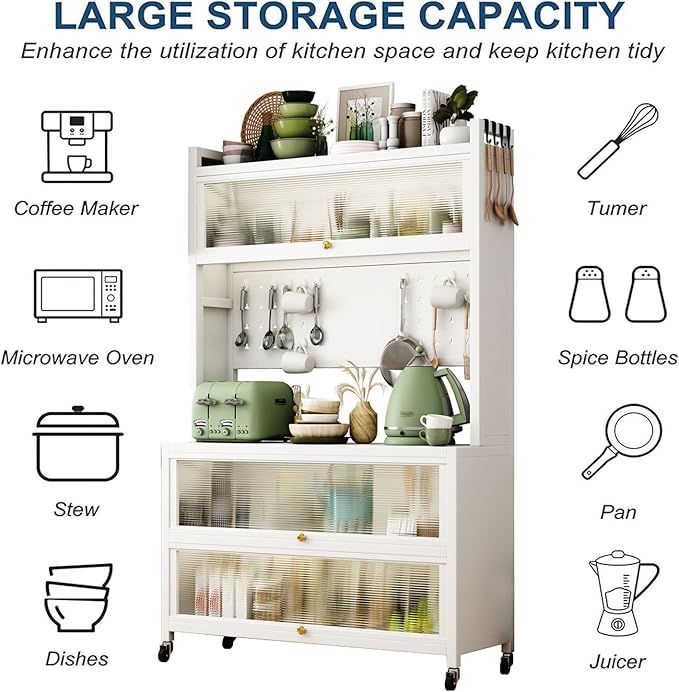 Runboll 65" Bar Cabinet Kitchen Pantry Cabinet Storage with Microwave Shelf 5 Tier Metal Sideboard Baker's Rack Coffee Bar Hutch Buffet Laundry Storage, with Wheels & Hooks