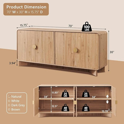 IFGET Modern Buffet Cabinet with Storage, 70" Large Sideboard Buffet Storage Cabinet with 4 Doors and Adjustable Shleves, Wooden Curved Coffee Bar for Dining Room, Kitchen, Living Room, Natural Oak