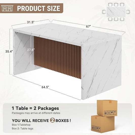 63" Large Modern Rectangle Dining Table for 4-6 People, Imitation Marble Island Table with LED Lights for Kitchen,Dining Room, Bar, Office, Living Room