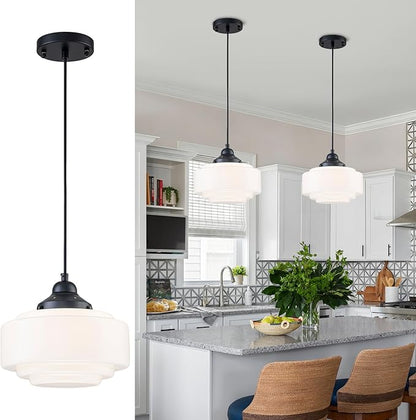 Schoolhouse Pendant Light 9.84" Vintage Milk Glass Chandelier Black Mid Century Modern Pendant Lighting Fixture for Kitchen Island Dining Room Living Room Hallway, Adjustable Height (E26)