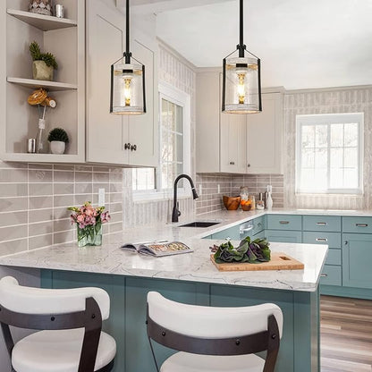 Farmhouse Pendant Light, Seeded Glass Kitchen Light with Metal Cage, Rustic Hanging Pendant Lighting Fixture with Distressed Wood Finish, Modern Farmhouse Island Light for Dining Room, Foyer