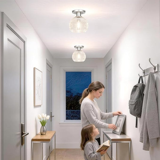 7.09in Brushed Nickel Semi Flush Mount Ceiling Light, Small Vintage Flush Mount Ceiling Light with Globe Glass, Close to Ceiling Lights for Hallway Porch Bedroom, Bulbs Not Included