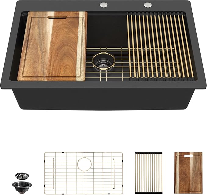 33"x22" Granite Composite Kitchen Sink – Matte Black Ledge Workstation Drop In Top Mount Granite Quartz Classic Luxury Above Counter Single Bowl Sink Basin
