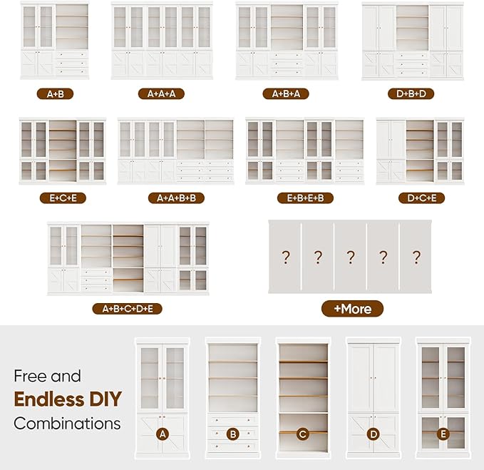 70.8" Farmhouse Kitchen Pantry Cabinet with Glass Doors, Modular Storage Cabinet with 6-Tier Adjustable Shelves, Large Storage Cabinet for Kitchen or Living Room, White