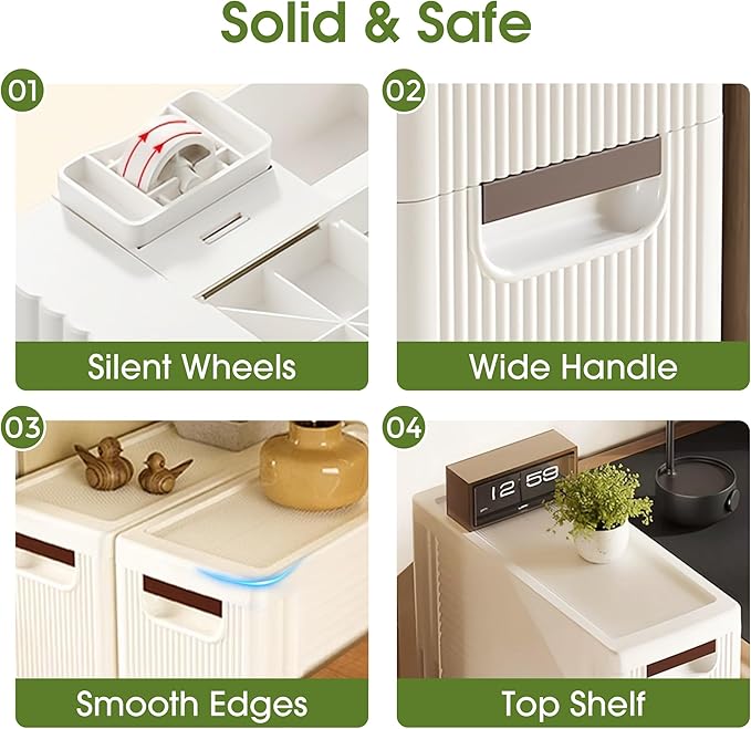 4 Drawers Narrow Storage Cabinet, Slim Bathroom Storage Cabinet, Plastic Rolling Cart Organizer for Small Spaces, Laundry, Office, Home,White