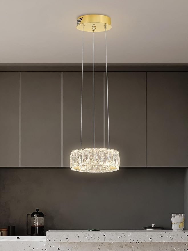 Modern LED Dimmable Crystal Chandelier 8" Ring Gold Pendant Light Fixtures for Kitchen Island Dining Room Living Room
