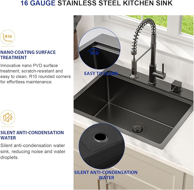 Dcolora 25 Inch Black Kitchen Sink Drop In, Nano-PVD Black Stainless Steel Workstation Sink Single Bowl Topmount with Accessories All-In-One, #DC-T8861 25"x20"x10"