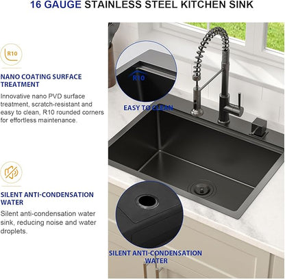 Dcolora 25 Inch Black Kitchen Sink Drop In, Nano-PVD Black Stainless Steel Workstation Sink Single Bowl Topmount with Accessories All-In-One, #DC-T8861 25"x20"x10"