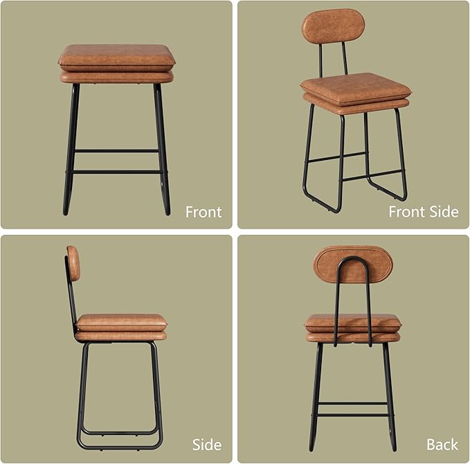 VECELO Bar Stools Set of 2, Counter Height Barstools with Removable Backrest, Padded Seat and Metal Legs, PU Leather Upholstered Bar Chairs for Kitchen, Island, Brown