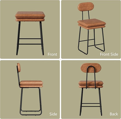 VECELO Bar Stools Set of 2, Counter Height Barstools with Removable Backrest, Padded Seat and Metal Legs, PU Leather Upholstered Bar Chairs for Kitchen, Island, Brown