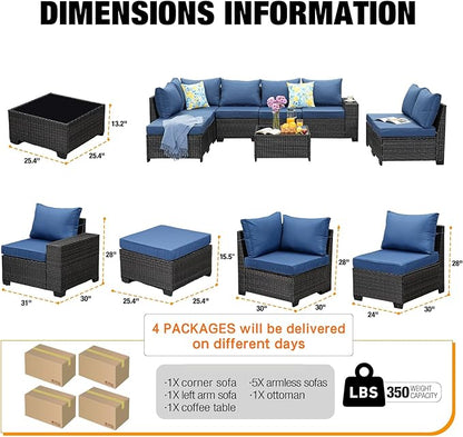 JOYURE 9 Pieces Patio Furniture Set All-Weather Outdoor Wicker Sectional Conversation Sofa Rattan Patio Seating Sofa with Cushion and Glass Table and Ottoman for Porch Poolside,Navy
