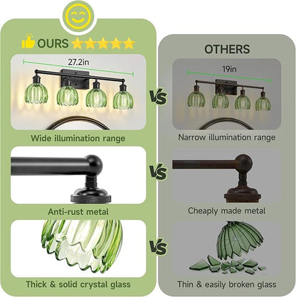 Vanity Lighting Fixtures,4 Light Bathroom Vanity Light,Black Bathroom Light Fixtures Over Mirror,27.2 in Vintage Sconce with Green Tulip Glass Shade for Bedroom,Dressing Table, E26 Base
