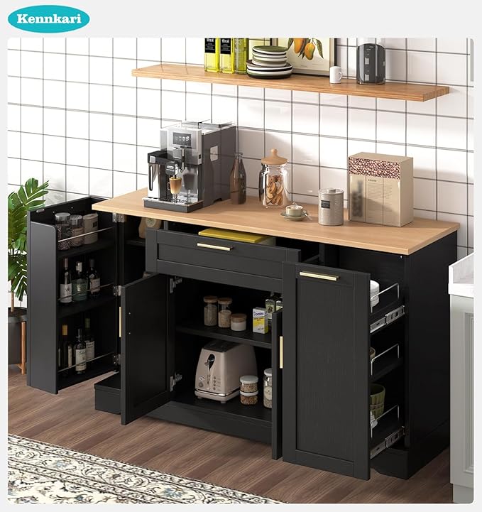 53.7'' Multi-Functional Storage Sideboard with Adjustable Shelves, Mid-Century Modern Console Table with 3-Tier Pull-Out Rack, Kitchen Island for Kitchen, Dining Room and Living Room (Black)