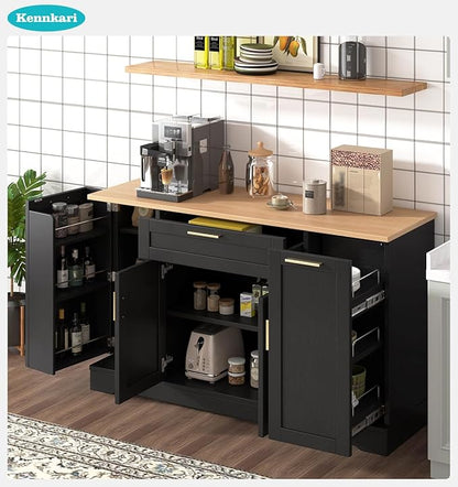 53.7'' Multi-Functional Storage Sideboard with Adjustable Shelves, Mid-Century Modern Console Table with 3-Tier Pull-Out Rack, Kitchen Island for Kitchen, Dining Room and Living Room (Black)