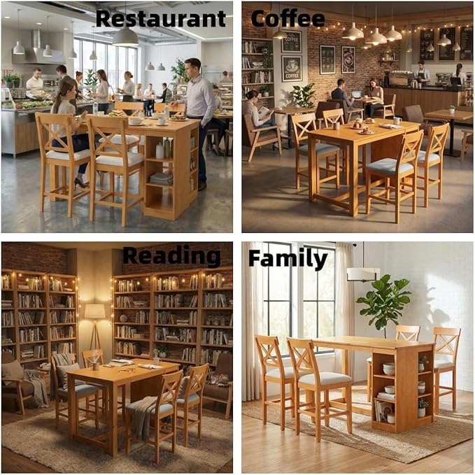 Homy Casa 60" Farmhouse Counter-Height Dining Table Set for 4, Solid Wood 3-Tier Storage Shelves, X-Back Upholstered Chairs, 36" H Kitchen Island Table, 5-Piece, Rustic Brown