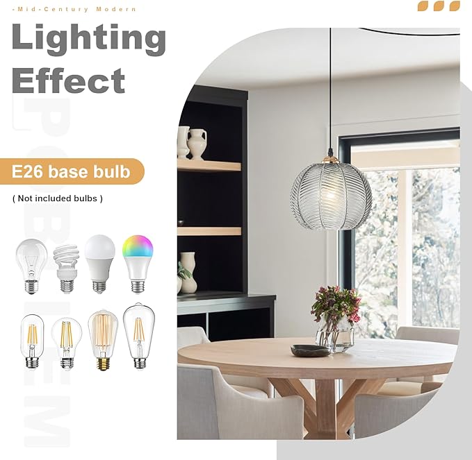 Smoke Gray Glass Plug in Pendant Light, Plug in Hanging Light Fixture with 8.7" Ribbed Globe Shade, Mid Century Modern Hanging Lamp Plug in Chandelier Lighting for Living Room Kitchen Bedroom