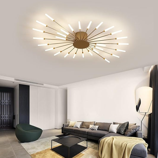 JAYMP 41.3" Ceiling Light Modern Flower Shape Ceiling Lamp for Dining Room Kitchen Hallway Flush Mount Metal Acrylic Sputnik Firework Petal LED Lighting Fixture (Matte Gold, 28 Lights)
