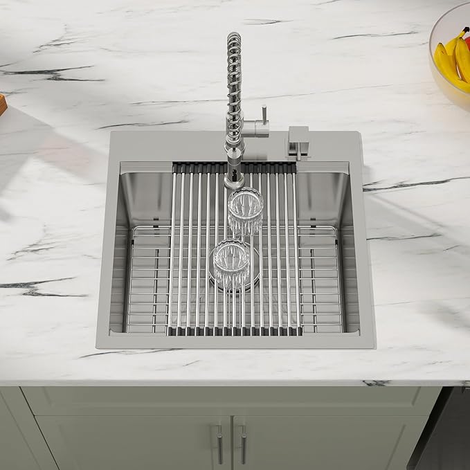 Dcolora 21 Inch Drop-In Kitchen Sink Workstation, 16 Gauge Stainless Steel Topmount Single Bowl Sink with Full-Cover Cutting Board, Grid & Drying Rack, Deep Bar/Utility Sink, 21"x20"x10", #DC-T7756