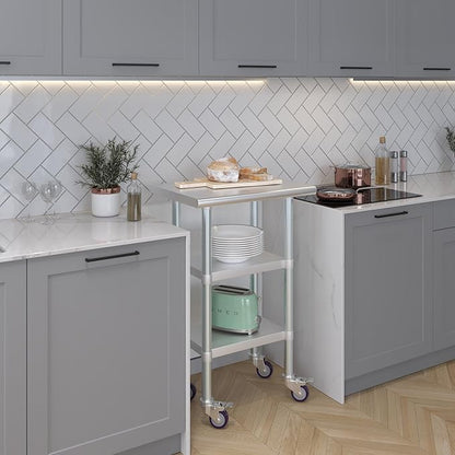 Stainless Steel Work Table with 2 Shelves and Casters | Kitchen Island Food Prep | Laundry Garage Utility Bench | NSF Certified (24" Long x 18" Deep)