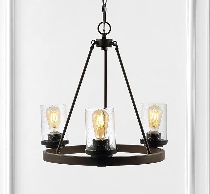 JONATHAN Y 20" Oil Rubbed Bronze 3-Light Rustic Farmhouse LED Chandelier, Round Metal Wagon Wheel Pendant Lighting for Dining Room Kitchen with Seeded Glass Shade JYL7511A