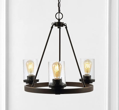 JONATHAN Y 20" Oil Rubbed Bronze 3-Light Rustic Farmhouse LED Chandelier, Round Metal Wagon Wheel Pendant Lighting for Dining Room Kitchen with Seeded Glass Shade JYL7511A