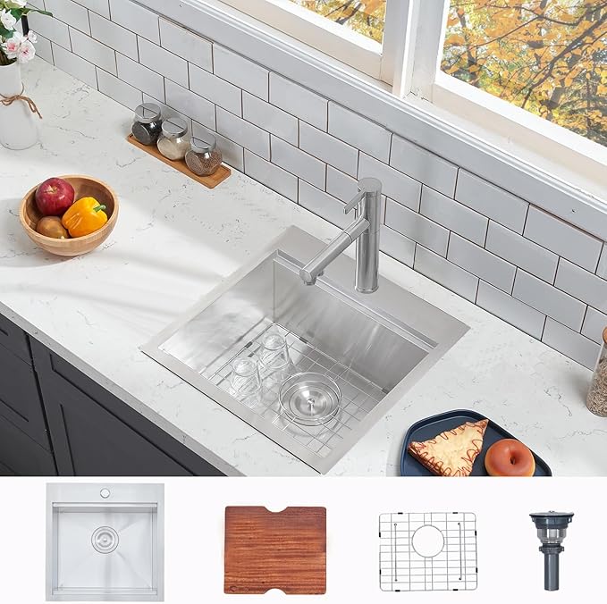 HOTIS 18 X 18 Inch Drop In Bar Sink, Stainless Steel Small Kitchen Sink, Top Mount Deep Workstation Single Bowl, Outdoor Camper Rv Laundry Wet Bar Prep Sinks With Grid & Drain & Cutting Board