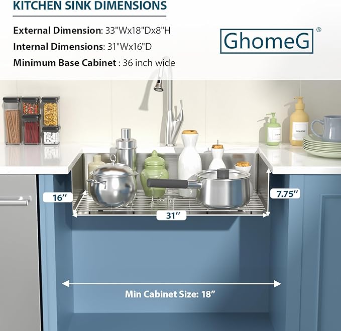 33 Inch Undermount Kitchen Sink 33"x18"x8" Single Bowl 16 Gauge Stainless Steel Under Counter Kitchen Sinks Basin with Drain Strainer