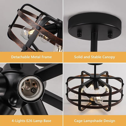17.71'' Farmhouse Cage Semi Flush Mount Ceiling Light Fixture 4-Light Rustic Metal Ceiling Lighting Industrial Light Fixtures Vintage Ceiling Mount Black Chandeliers for Dining Room Kitchen Foyer E26