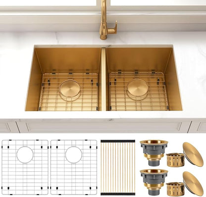 Double Bowl Gold Kitchen Sink 31" X 18",50/50 Double Bowl Undermount Kitchen Sinks,16 Gauge Stainless Steel Undermount Gold Sink