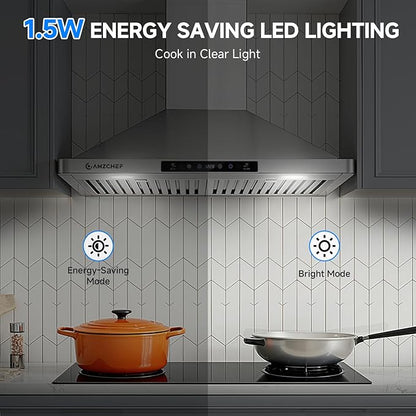 AMZCHEF Wall Mount Range Hood 30 inch: 1050 CFM Stainless Steel Kitchen Stove Vent Hood with 3 Speed Exhaust Fan, Touch/Remote/Gesture Control Kitchen Exhaust Fan with Dishwasher-Safe Baffle Filters