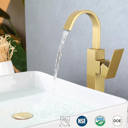 Brushed Gold Vessel Sink Faucet, Single Handle Tall Bathroom Faucet,Waterfall Bathroom Faucet Single Hole Lavatory Vanity Tap Single Hole Bar Sink Faucet with Pop Up Drain and Supply Lines,SL50044BG