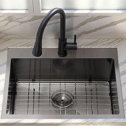 20 Inch Drop In Kitchen Sink Black, 20 x 16 Gunmetal Black Stainless Steel Single Bowl Top Mount Drop In Bar Wet Prep RV Outdoor Kitchen Sink, 16 Gauge Brushed Nickel