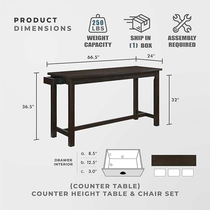 Lexicon Oreille Bar Table with Stools Set, Modern Console Table with Stools - 4-Piece Set with 2 USB Ports & A/C Power Outlets, Counter Height, Discrete Drawer, Perfect Dining Room & Kitchen Espresso