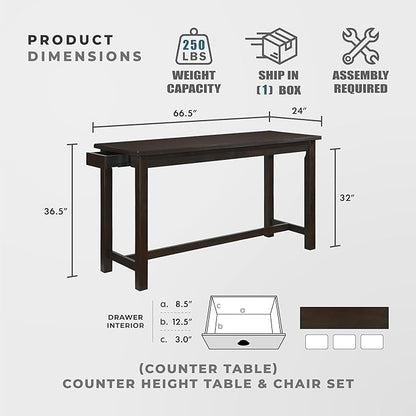 Lexicon Oreille Bar Table with Stools Set, Modern Console Table with Stools - 4-Piece Set with 2 USB Ports & A/C Power Outlets, Counter Height, Discrete Drawer, Perfect Dining Room & Kitchen Espresso