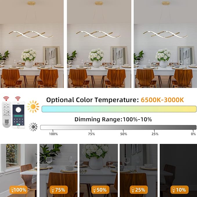 Dimmable Gold Chandelier for Dining Room, Adjustable Height Pendant Light Fixtures Over Table, Modern Kitchen Island Lighting, 35.4in 21W (Gold 35.4“)