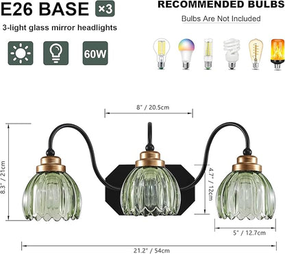 Vintage Bathroom Vanity Light, Bathroom Lighting Fixtures Over Mirror, Mid Century Style Farmhouse Light Fixtures with Green Glass Shades, Black Finish Wall Mount for Bedroom (Green, 3-Light)