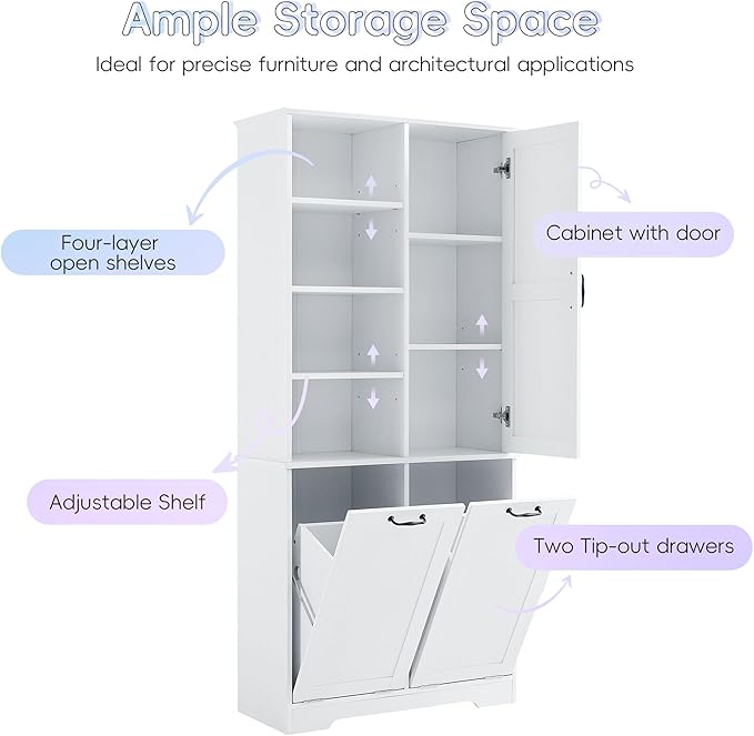 68" Tall Bathroom Storage Cabinet with One Door and Two Laundry Hampers for Home Display Organizer, Adjustable Shelf, White