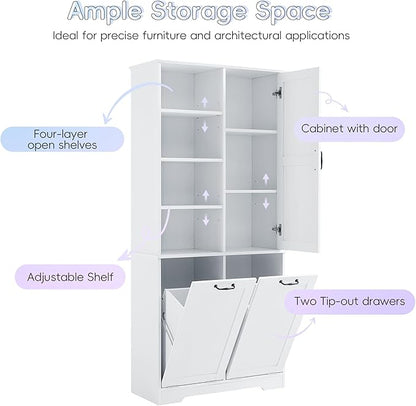 68" Tall Bathroom Storage Cabinet with One Door and Two Laundry Hampers for Home Display Organizer, Adjustable Shelf, White