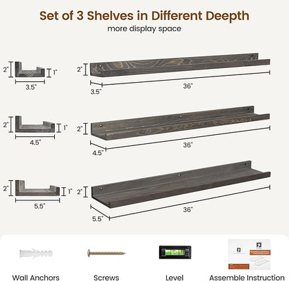 FLYJOE Picture Ledge Wall Shelves - 36 Inch Width Set of 3, Solid Pine Wood Rustic Floating Ledge Shelves for Kids' Room, Bedroom, Kitchen, Bathroom, Living Room, Nursery Display Wall Decor, Grey