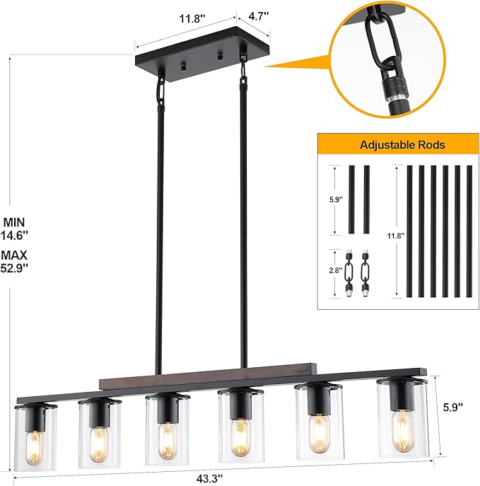Mecgirn Farmhouse Dining Room Light Fixtures Over Table, Black Pendant Lights for Kitchen Island, 6 Light Large Linear Chandelier Lighting with Wood