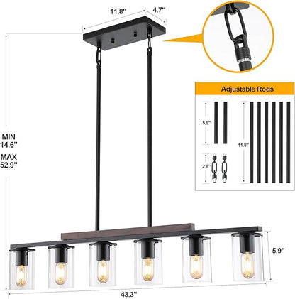 Mecgirn Farmhouse Dining Room Light Fixtures Over Table, Black Pendant Lights for Kitchen Island, 6 Light Large Linear Chandelier Lighting with Wood
