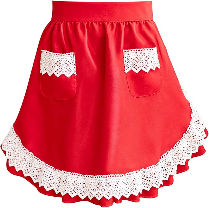 Geyoga Valentine Red Waist Aprons for Women with Pockets Kitchen Waitress Maid Apron Vintage Skirt Cute Ruffle Dress Costume