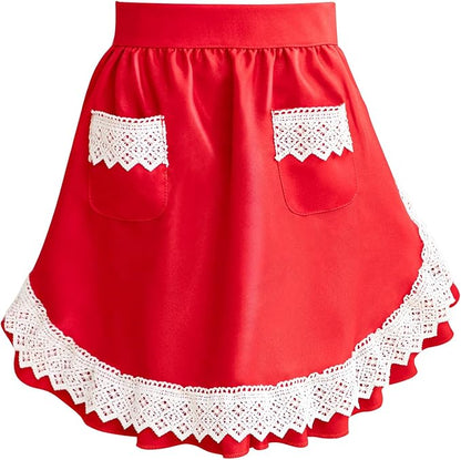 Geyoga Valentine Red Waist Aprons for Women with Pockets Kitchen Waitress Maid Apron Vintage Skirt Cute Ruffle Dress Costume
