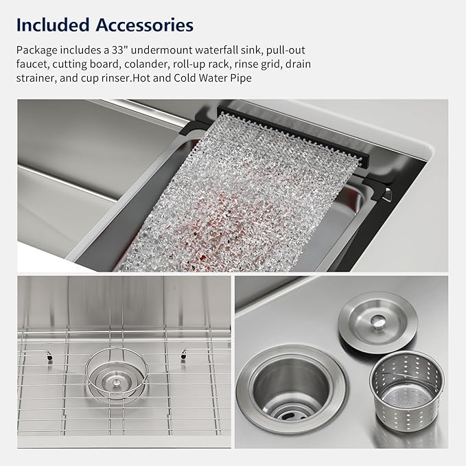 Logmey 33" Undermount Waterfall Sink with Pull-out Faucet & Temperature Control Knob,Nano PVD 33x17 Double Step Workstation Kitchen Sink,16 Gauge All in One Single Bowl Sinks