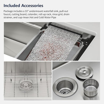 Logmey 33" Undermount Waterfall Sink with Pull-out Faucet & Temperature Control Knob,Nano PVD 33x17 Double Step Workstation Kitchen Sink,16 Gauge All in One Single Bowl Sinks